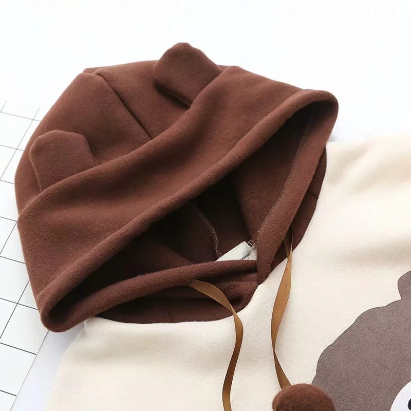 Woman Bear Cap Hoodies Sweatshirt Top Women Long Sleeve Ribbon Hair Ball Cute Sweatshirt Hooded Jumper Pullover Hoodie Hooded Sweatshirt Stevvex