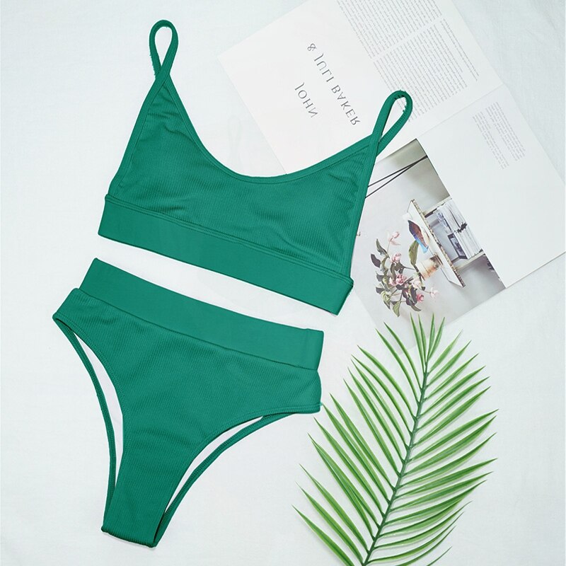 Women Bikini Sets Solid Color Ruffled Swimwear Bathing Suits 2 Piece Split Push Up Bandage Beachwear Women's Bikini Scoop Neck Straps Cutout Crop Top Lace Up Bottom Comfortable Two Piece Swimsuits Stevvex