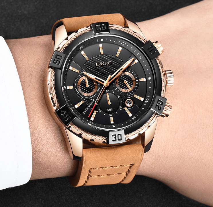 Men's Waterproof Watch With Chronometers Date Display Gold Detail Excellent Background Perfect Gift Stevvex