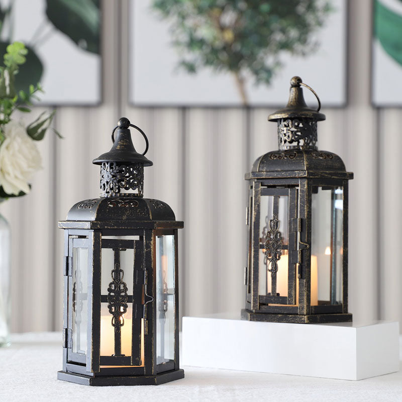 Set of 2 Decorative Lanterns -10 inch High Vintage Style Hanging Lantern Metal Candleholder White with Gold Brush Lootquake LLC