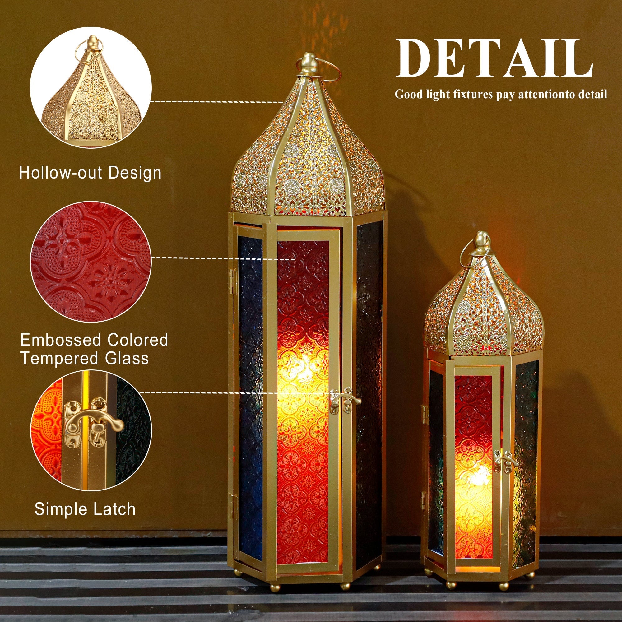 Set of 2 Decorative Ramadan Candle Lanterns - Metal, Tempered Glass, Hanging Tealight, Moroccan Style, Indoor/Outdoor Party Decor Lootquake LLC
