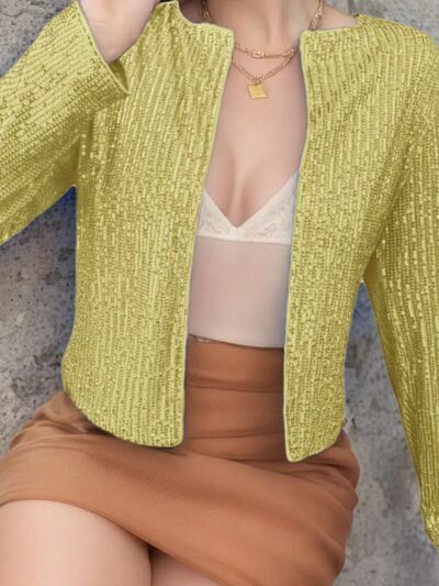 Elegant Women Full-Size Sequin Open Front Cropped Jacket With Glamorous Sparkle Luxury Women Party Jacket Stevvex