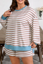Plus Size Stripe Contrast Trim Pullover and Shorts