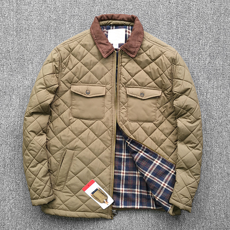 Men's Quilted Diamond Lapel Jacket - Autumn Solid Color Plaid Coat (Navy, Coffee, Military Green)