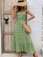 Vintage Printed V-Neck Tie Waist Midi Dress Lightweight Trendy & Elegant Dress for Women Stevvex