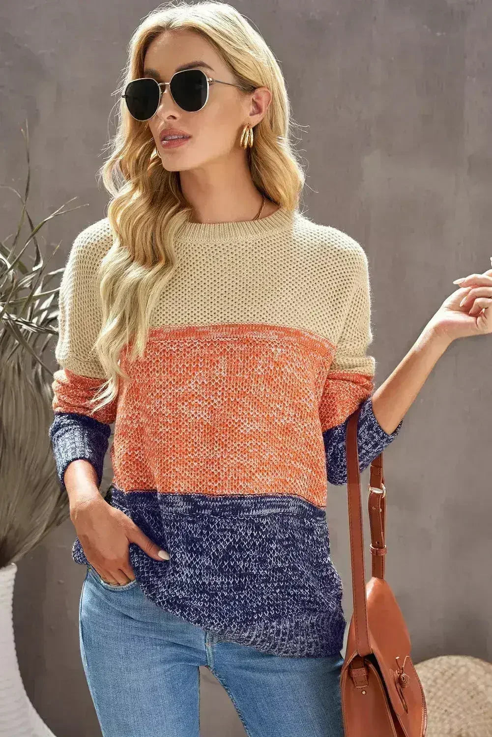 Color Block Round Neck Long Sleeve Sweater - SJB-DIAMOND ELITES