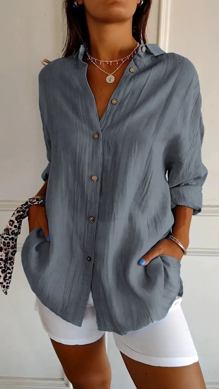 Lapel Long Sleeve Shirt Women's Single-breasted Pleated Shirt Pi-Mart