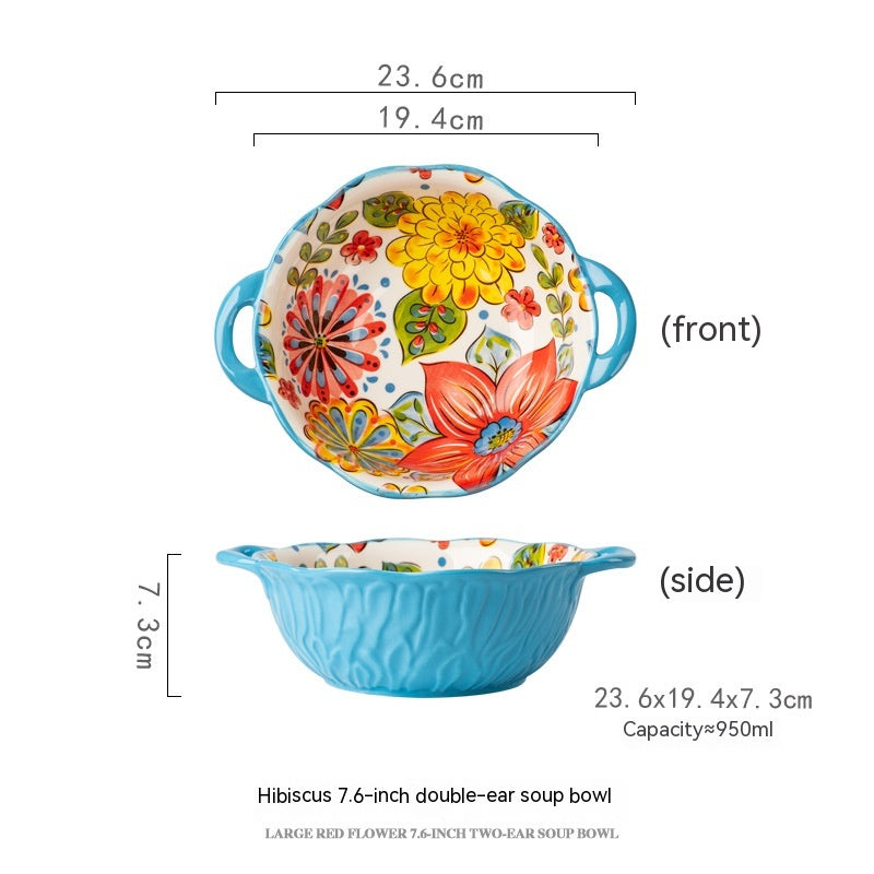 Yellow Green Wave Tree Pattern Flower Hand Painted Underglaze Binaural Ceramic Not Hot Hand Noodle Bowl Pi-Mart