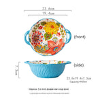 Yellow Green Wave Tree Pattern Flower Hand Painted Underglaze Binaural Ceramic Not Hot Hand Noodle Bowl Pi-Mart