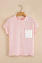 Pink Corded Colorblock Pocket Crew Neck T Shirt