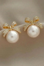 Gold Bowknot Pearl Earrings | Rhinestone Accent Jewelry - Femstylo