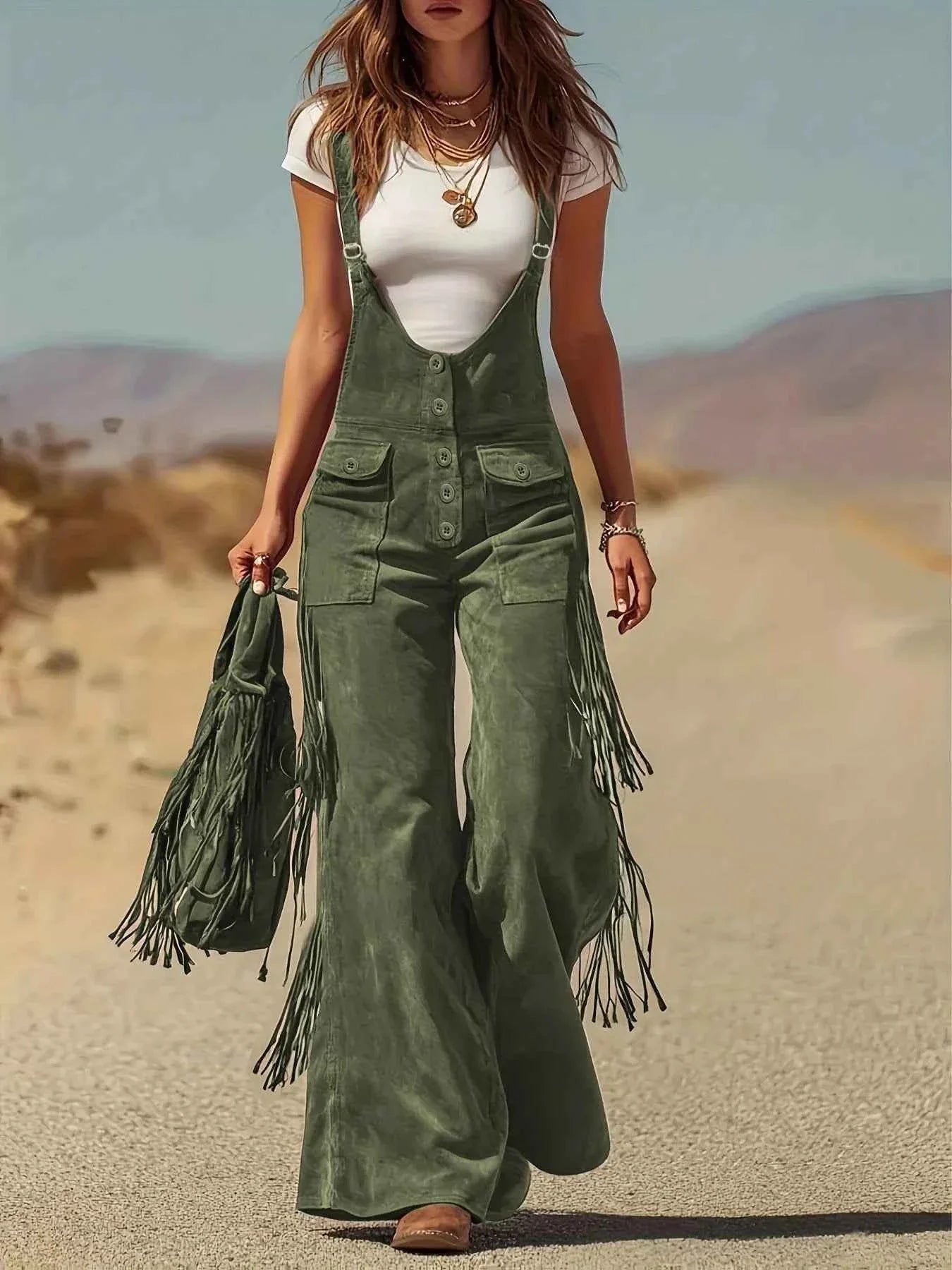 Fringe Corduroy Button Front Overalls THRIXINE