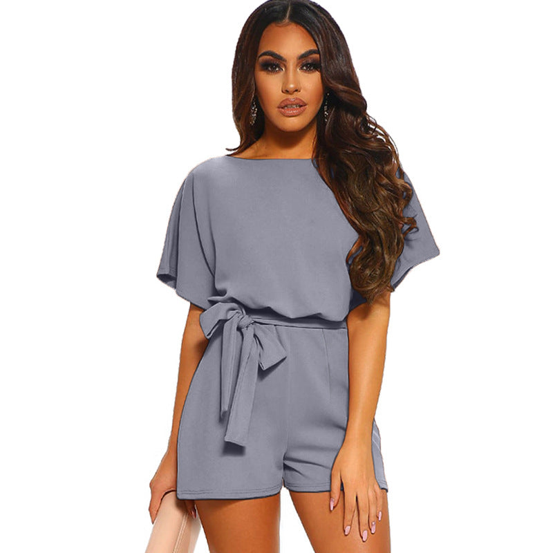 Women's Round Neck Short-sleeved Lace-up Jumpsuit Pi-Mart