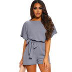 Women's Round Neck Short-sleeved Lace-up Jumpsuit Pi-Mart