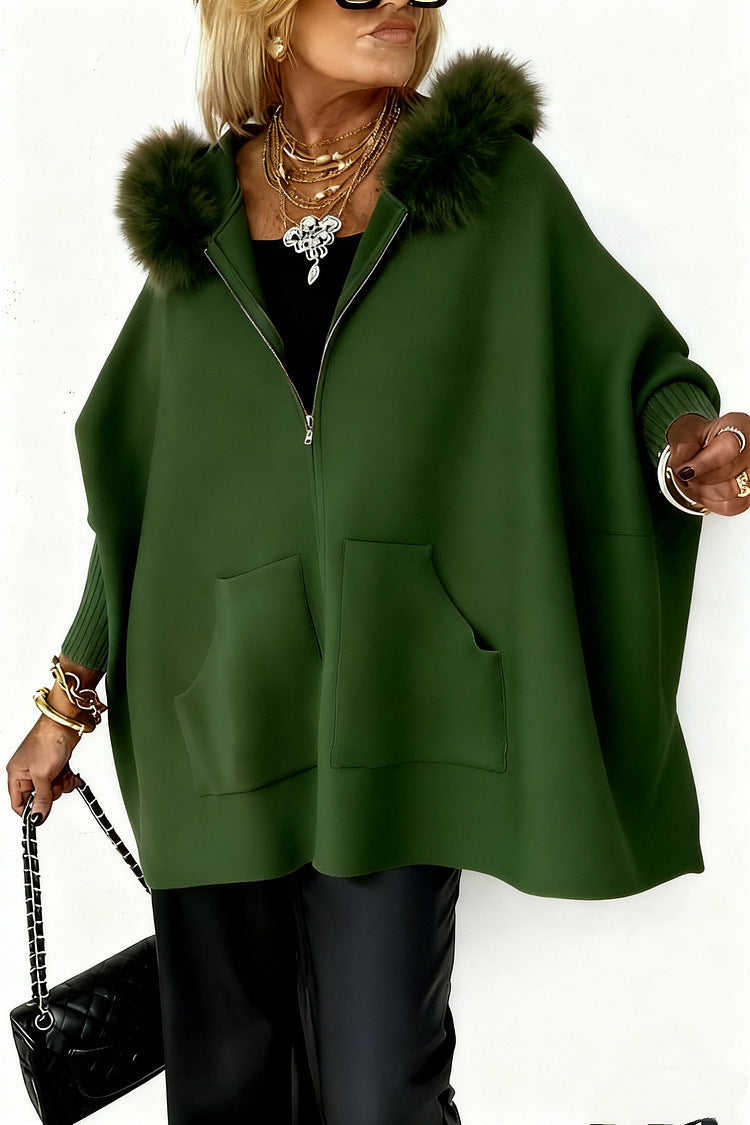 Women's Plush Hooded Cardigan - Batwing Sleeve Zip Up Knitted Jacket with Pockets