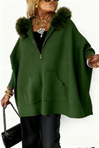 Women's Plush Hooded Cardigan - Batwing Sleeve Zip Up Knitted Jacket with Pockets