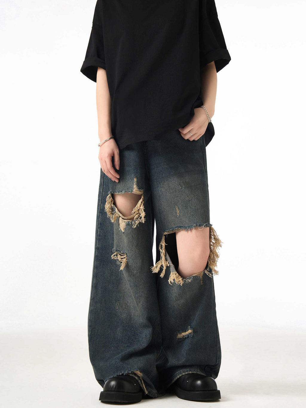 Couple Hole Worn Jeans Wide-leg Pants Lootquake LLC