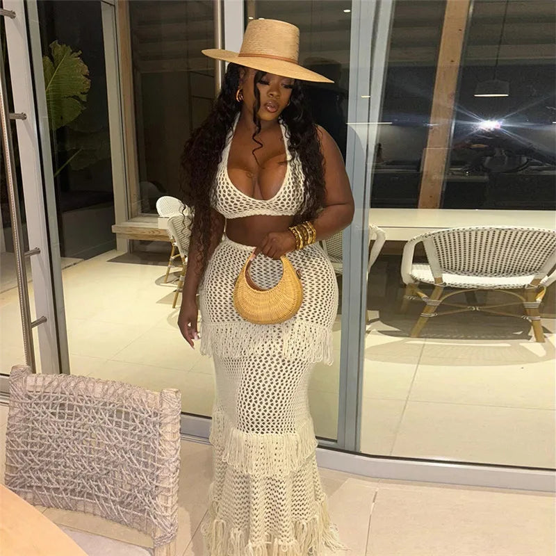 Knitted Crochet 2 Piece Skirt Sets Sexy Ruffle Elegant Fringe Tassel Dress 2024 Summer Outfits Crop Top Two Piece Skirt Sets Purplish Diva