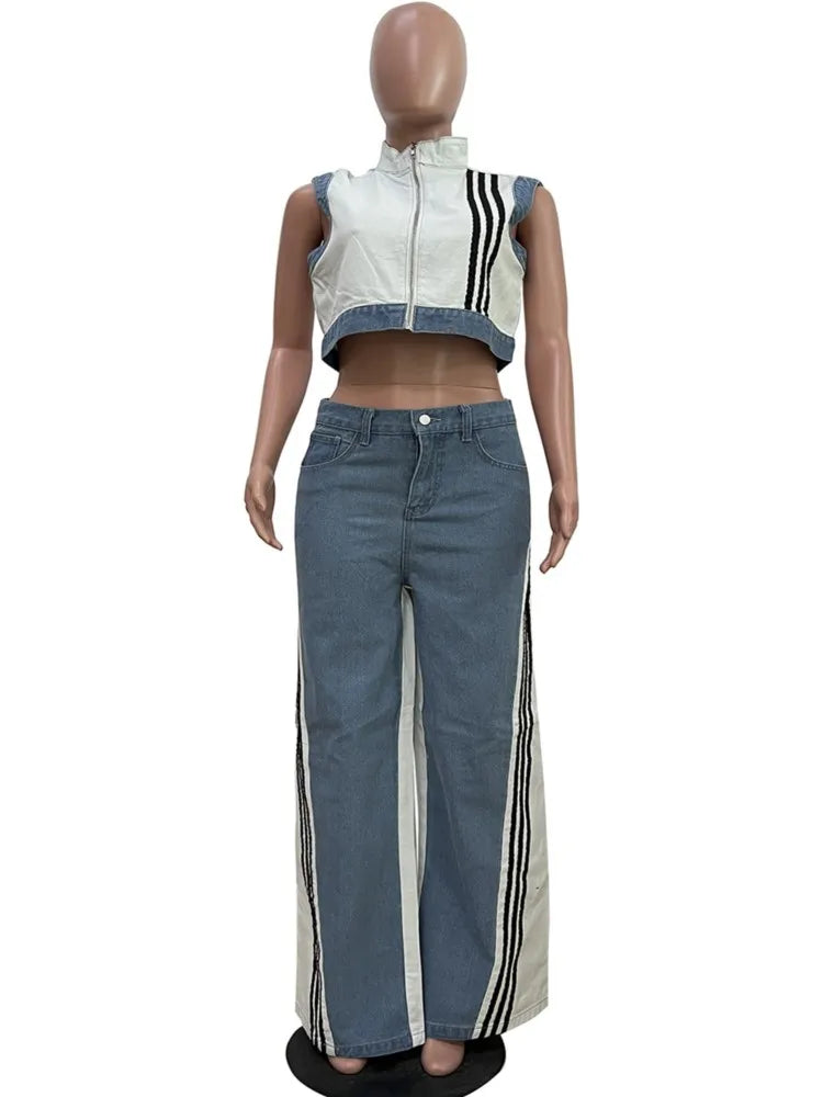 2 Pieces Women's Sets 2025 Spring Summer Denim Sleeveless Suit Tops And Wide Leg Pants Suits Two Piece Set Tracksuit Outfit Purplish Diva
