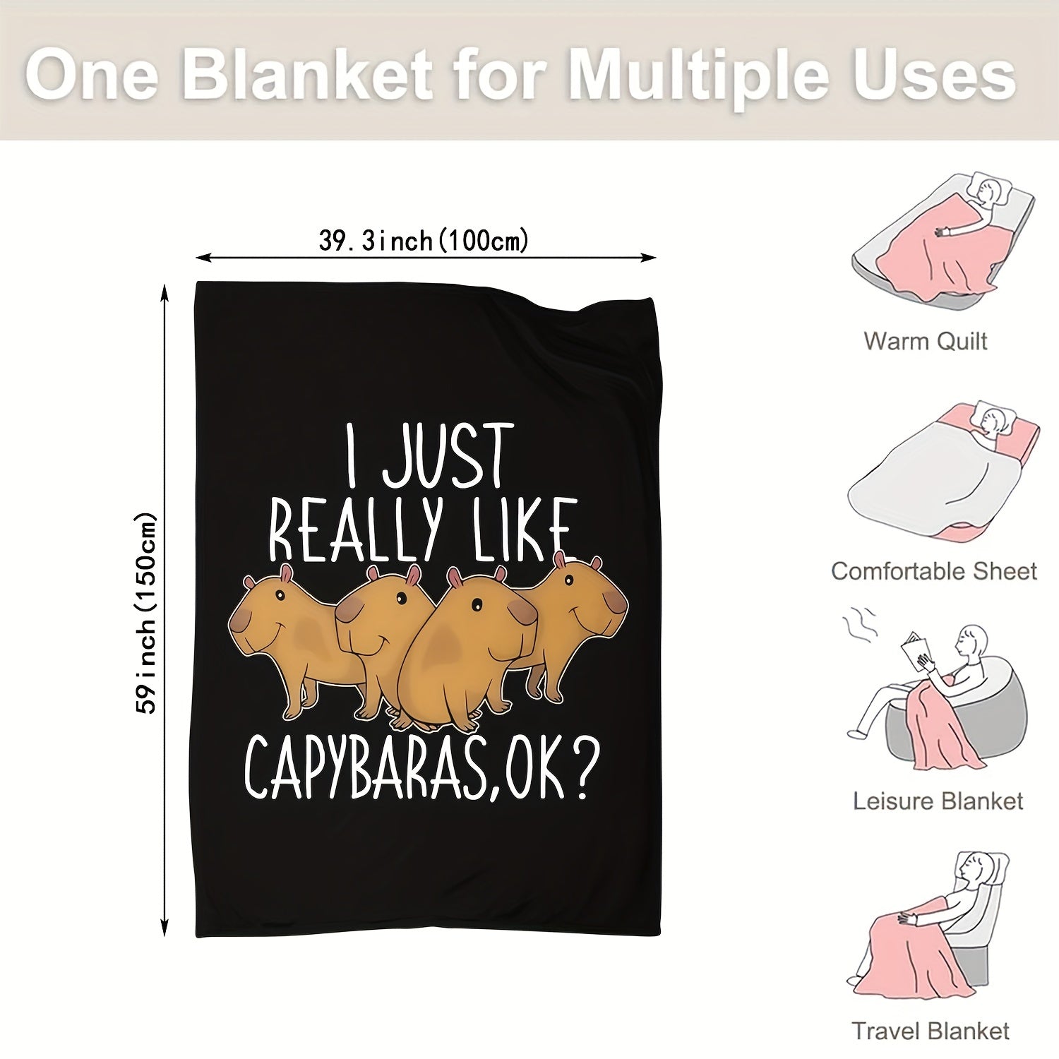 1pcDigital Printing Flannel Blanket, Cute Capybara Pattern, Casual Warm Blanket, Office Throw Blanket