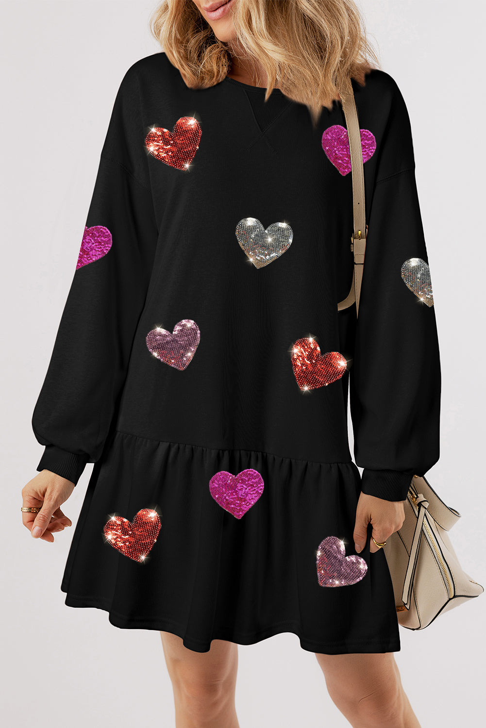 Cute Heart Round Neck Long Sleeve Mini Dress Stylish Dress for Women Girls Simple Charming Dress Stevvex