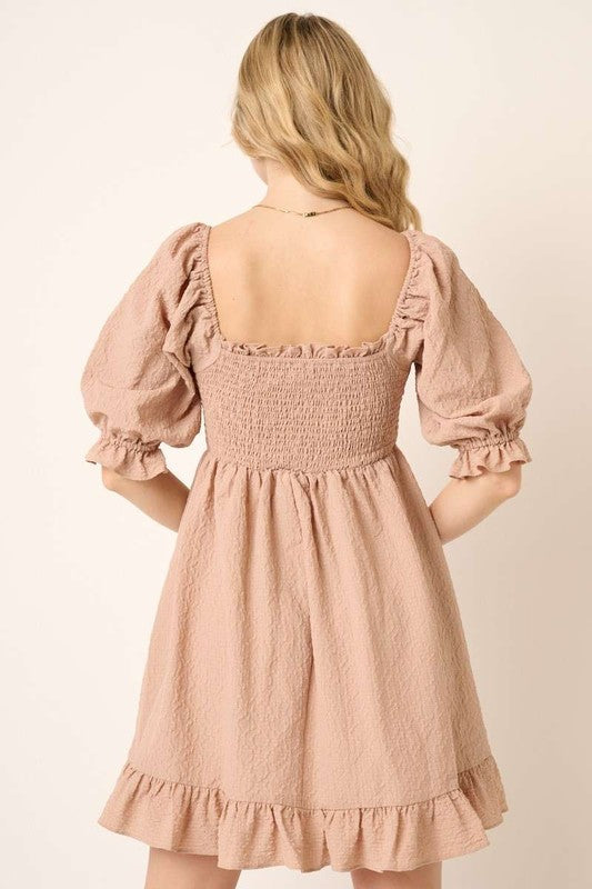 Smocked Ruffled Hem Half Sleeve Mini Dress, Cute, Elegant, Charming and Comfortable Mini Dress with Smocked Bodice and Whimsical Ruffled Hem Stevvex