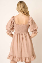 Smocked Ruffled Hem Half Sleeve Mini Dress, Cute, Elegant, Charming and Comfortable Mini Dress with Smocked Bodice and Whimsical Ruffled Hem Stevvex