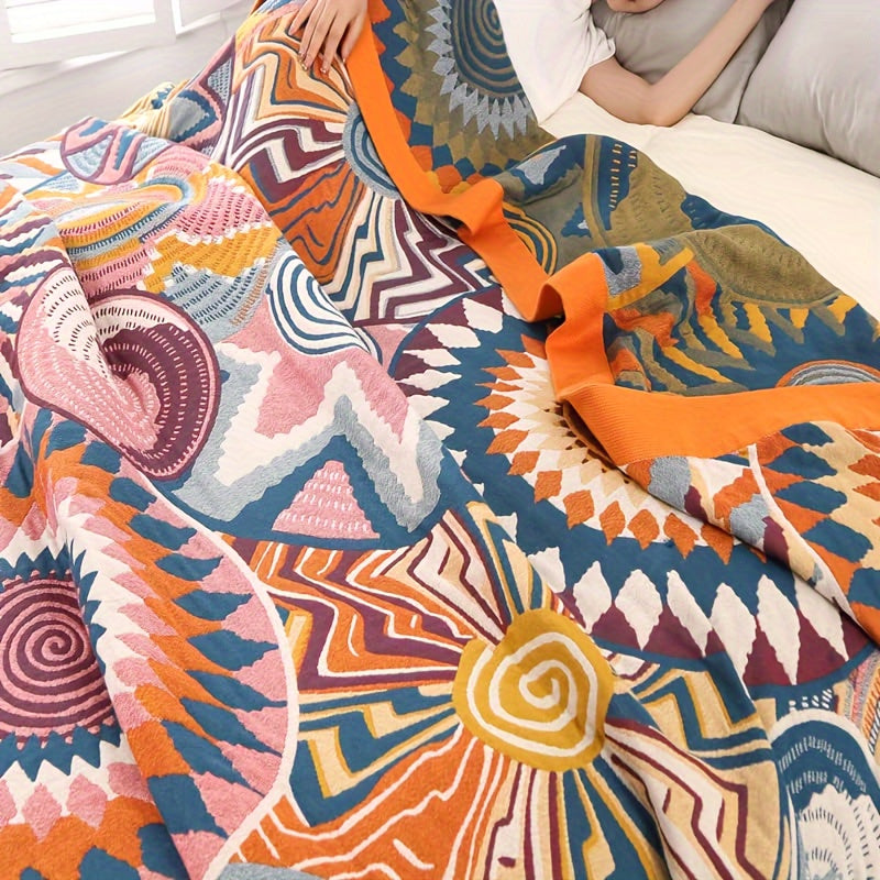 4 Layers Boho Style Gauze Blanket Set - Soft, Breathable, Lightweight, 100% Cotton, Colorful Muslin Throw Blanket for All Seasons with 1 Boho Gauze Blanket and 2 Pillow Covers without Pocket