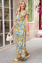 Yellow Floral Allover Print Shirred Cut Out High Waist Jumpsuit