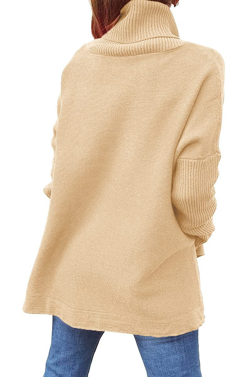 Turtleneck Sweater Mid Length Batwing Sleeve Slit Hem Tunic Pullover Sweaters Winter Tops Women Clothing Pi-Mart