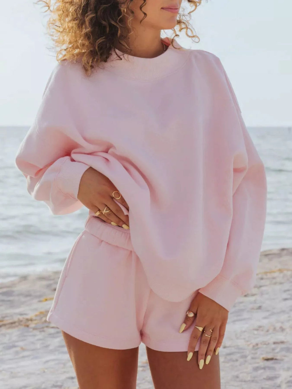 Relaxed Fit Round Neck Sweatshirt and Shorts Set THRIXINE