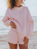 Relaxed Fit Round Neck Sweatshirt and Shorts Set THRIXINE