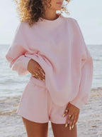 Relaxed Fit Round Neck Sweatshirt and Shorts Set THRIXINE