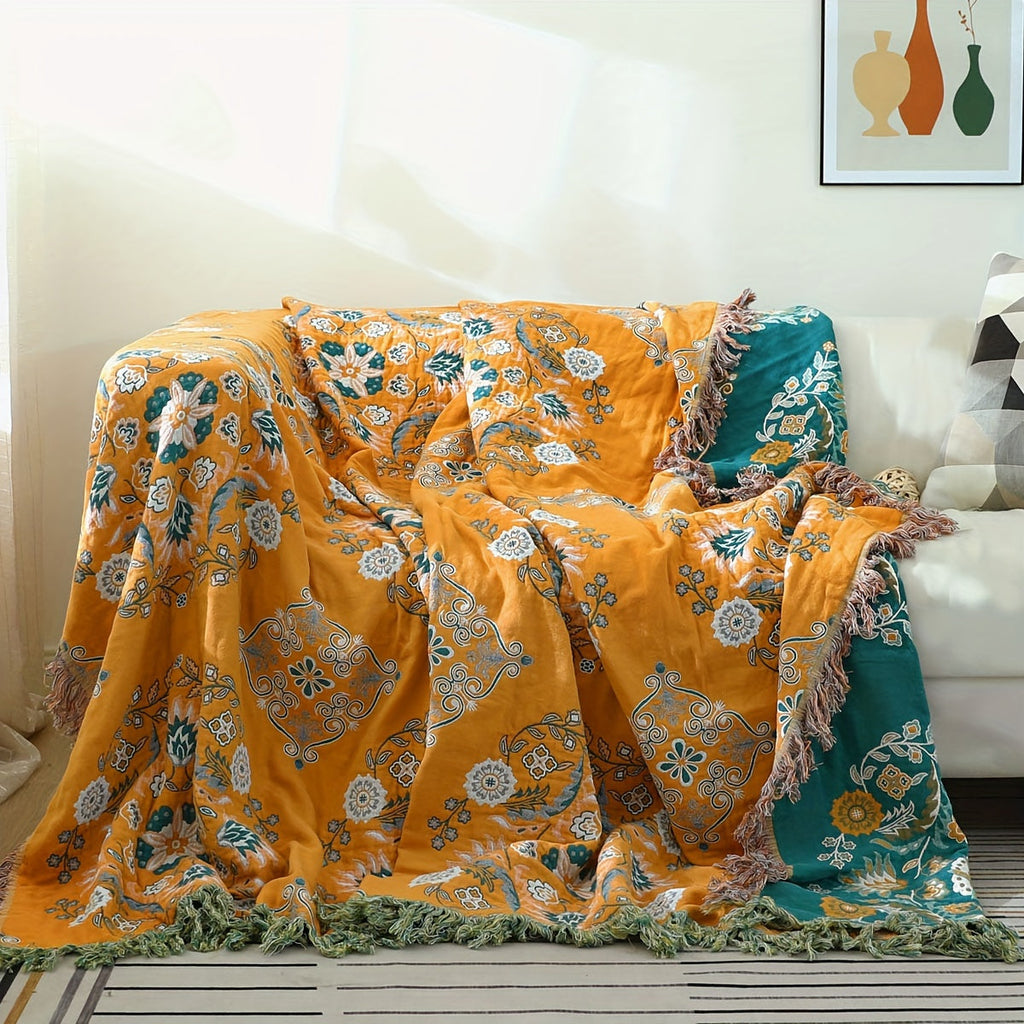 1pc Floral Sofa Towel Blanket With Tassel, Cotton Printed Blanket, Vintage Floral Pattern, Sofa Blanket, Air Conditioning Blanket, Nap Blanket