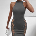 Women's Solid Color Sleeveless Skirt With Slit And Cross Tie, Sexy Tight Fitting Hip Hugging Dress, Short Skirt - SJB-DIAMOND ELITES