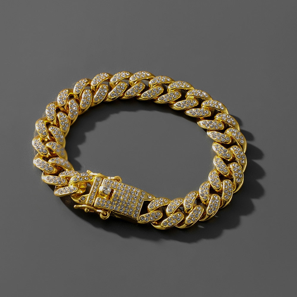 Rhinestone Paved Cuban Link Chain Bracelet Pi-Mart