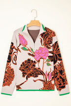 Khaki Contrast Trim Floral Pattern Quarter Zip Stand Neck Sweater