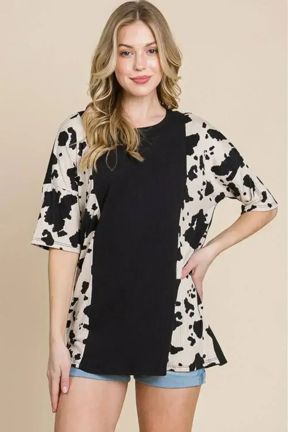 Animal Contrast Ribbed Tee - Edgy Women's Top | Femstylo
