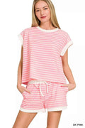 Zenana Stripe Contrast Trim Top & Shorts Set THRIXINE