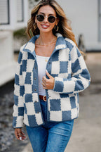 Elegant Checkered Snap Down Long Sleeve Teddy Jacket Soft & Warm Colorful Jacket Stevvex