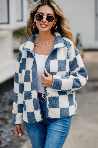 Elegant Checkered Snap Down Long Sleeve Teddy Jacket Soft & Warm Colorful Jacket Stevvex