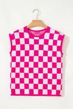 Rose Checkered Pattern Cap Sleeve Knitted Top