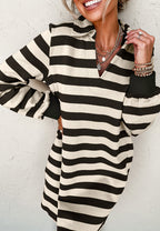 Classic Contrast Black Striped Collar Long Sleeve Mini Dress Stylish & Trendy Casual Dress for Women Stevvex