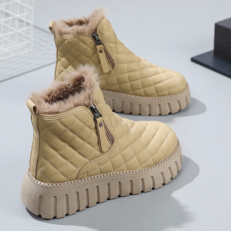 Women's Plaid Pattern Platform Ankle Boots Casual Side Zipper Plush Lined Snow Boots Winter Comfortable Short Boots Pi-Mart