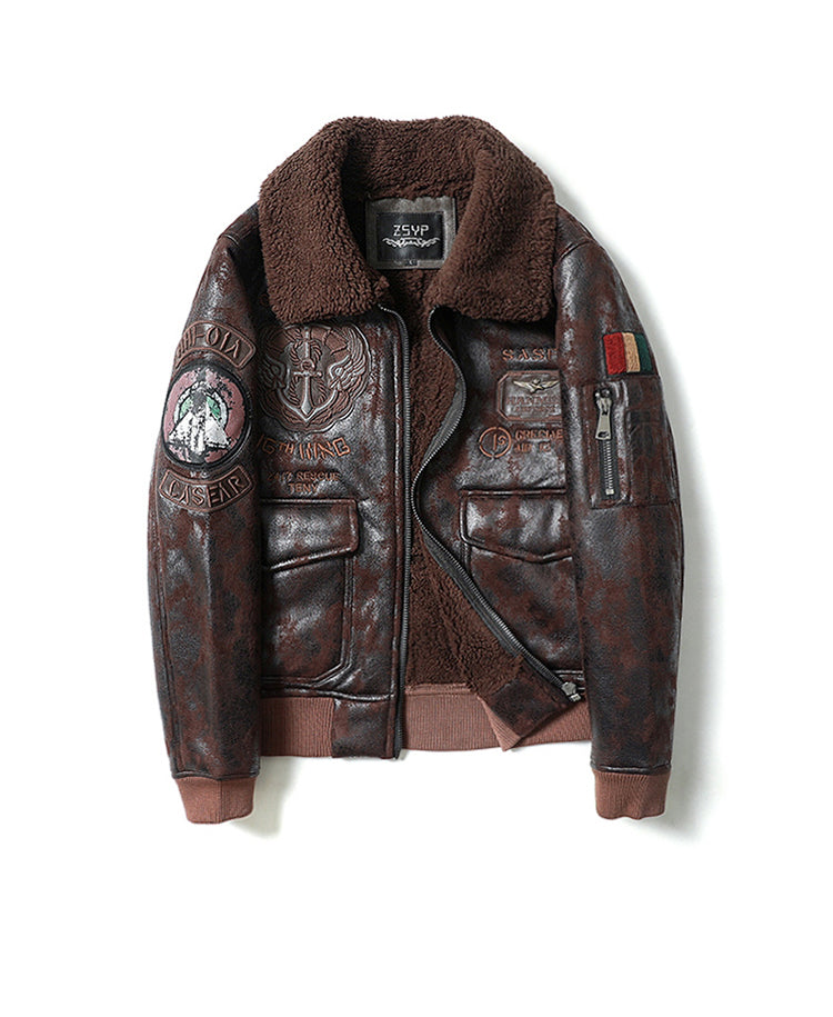 Men American Retro Lapel Plus Velvet Flight Suit Pi-Mart
