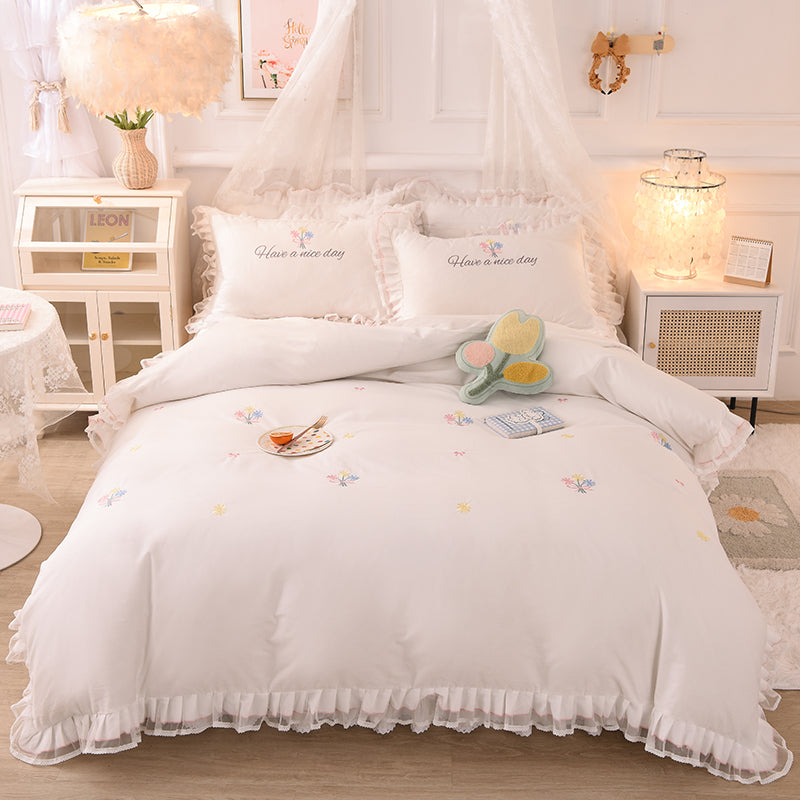 Summer Ruffled Cotton Four-piece Set Girl Heart Embroidery Flower Quilt Cover Pi-Mart