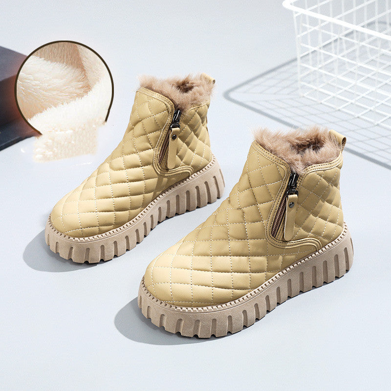 Women's Plaid Pattern Platform Ankle Boots Casual Side Zipper Plush Lined Snow Boots Winter Comfortable Short Boots Pi-Mart