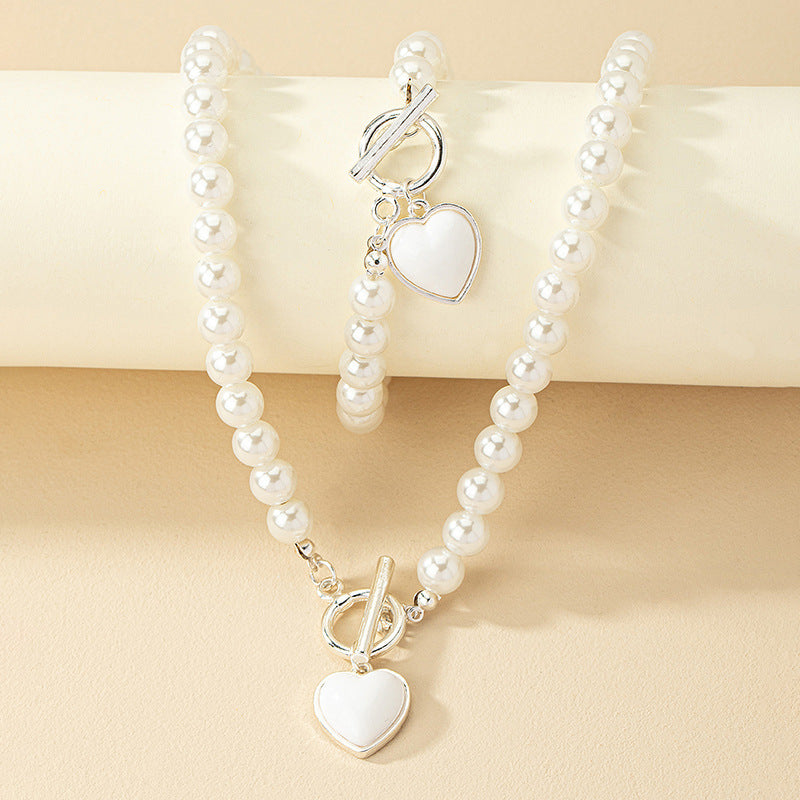 Pearl Bracelet And Necklace Set Female With Hearts Clavicle Chain Pi-Mart