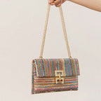 Bag ladies holiday shoulder bag, chain flip lock square purse, straw bag hobo shoulder bag women