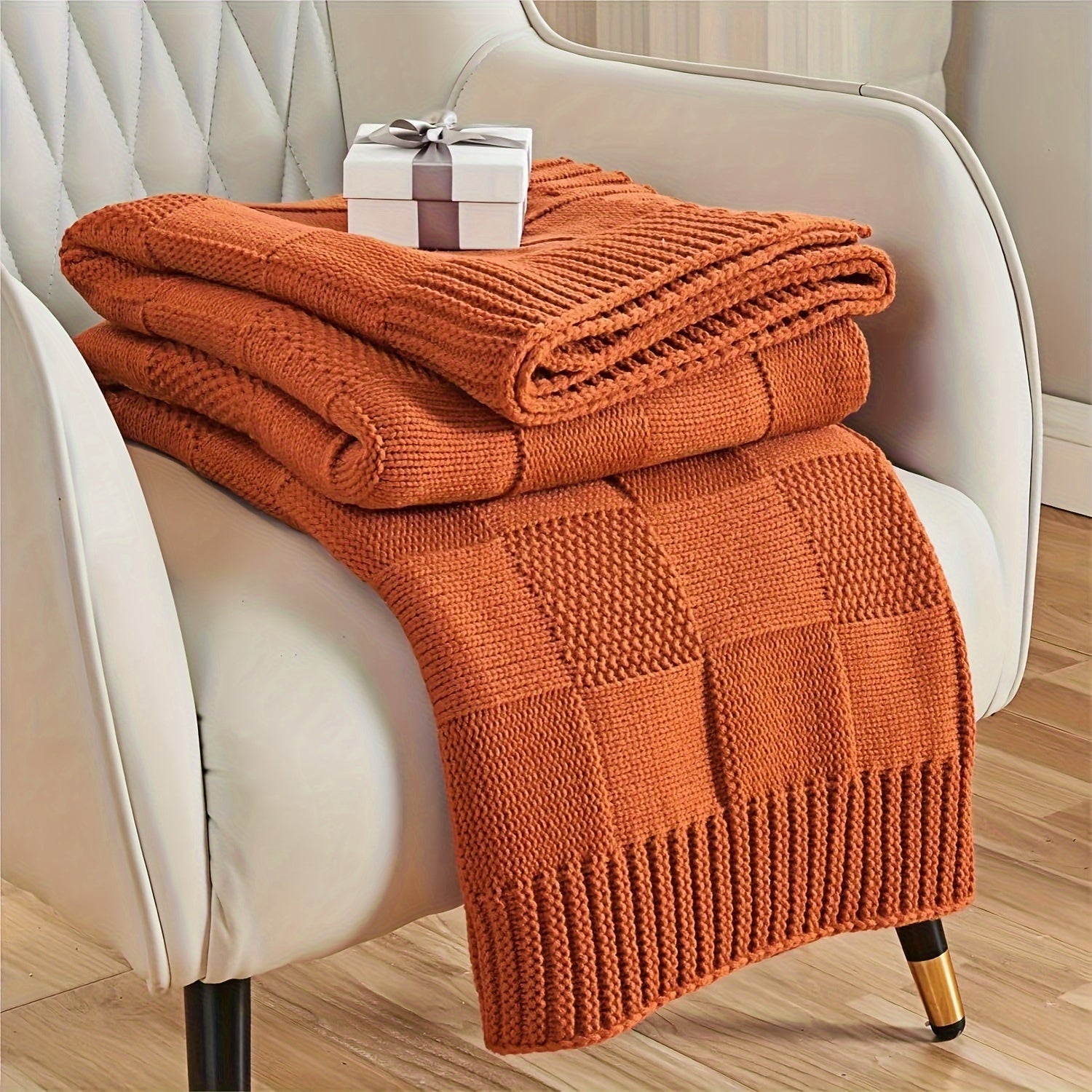 1pc Knit Throw Blanket, White Checkered Throw Blanket For Couch, Soft Cozy Warm Knitted Throw Blanket For Bed Sofa Lootquake LLC